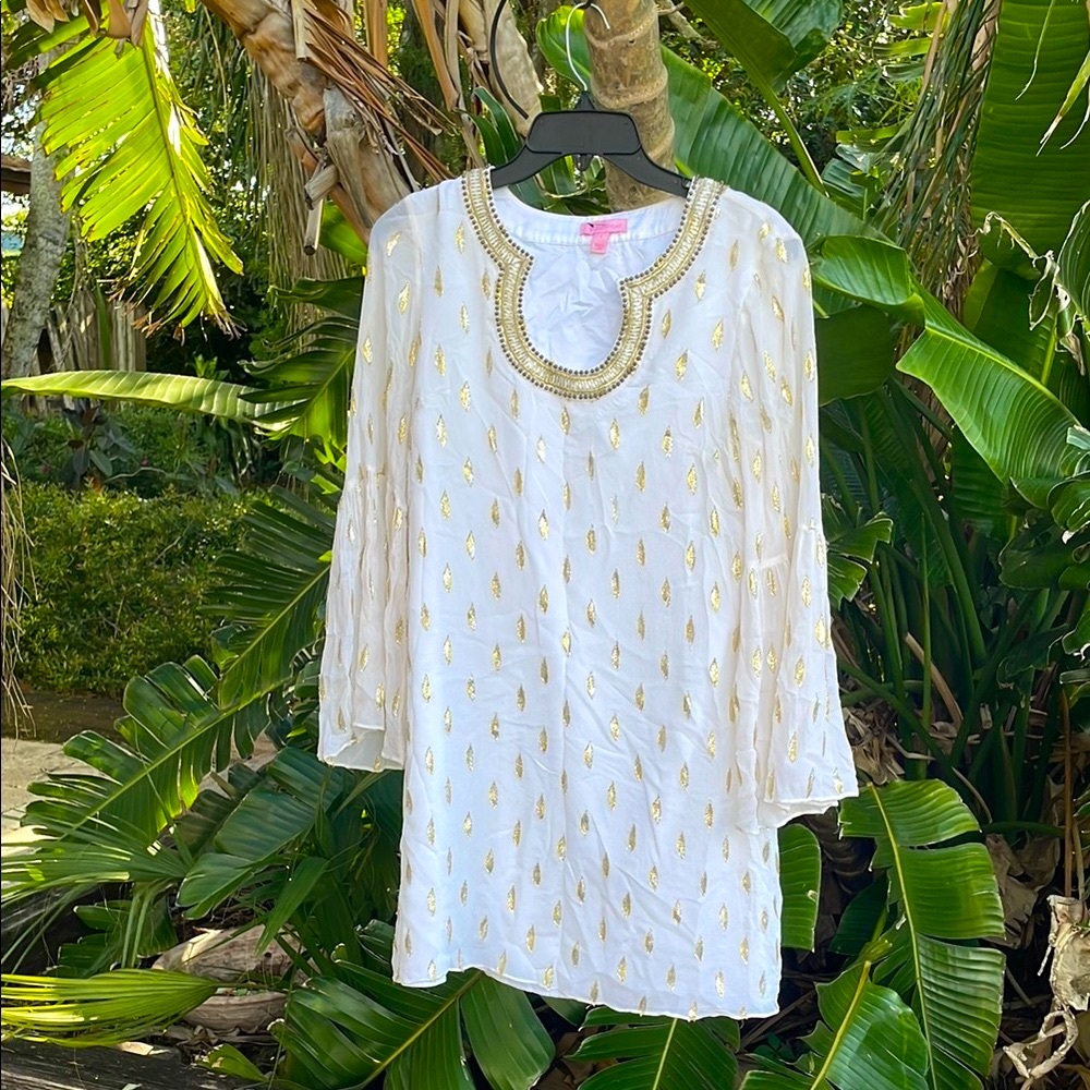 Lilly Pulitzer, white and metallic gold silk beaded bohemian bell sleeve dress